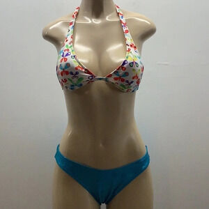 Teal & Multicolor Size Medium Vintage Halter Bikini Top Bikini Set. New